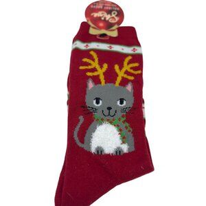 NEW Kohl’s Shine Holiday Socks Red Reindeer Cat Print Cozy Fleece Size 9–11